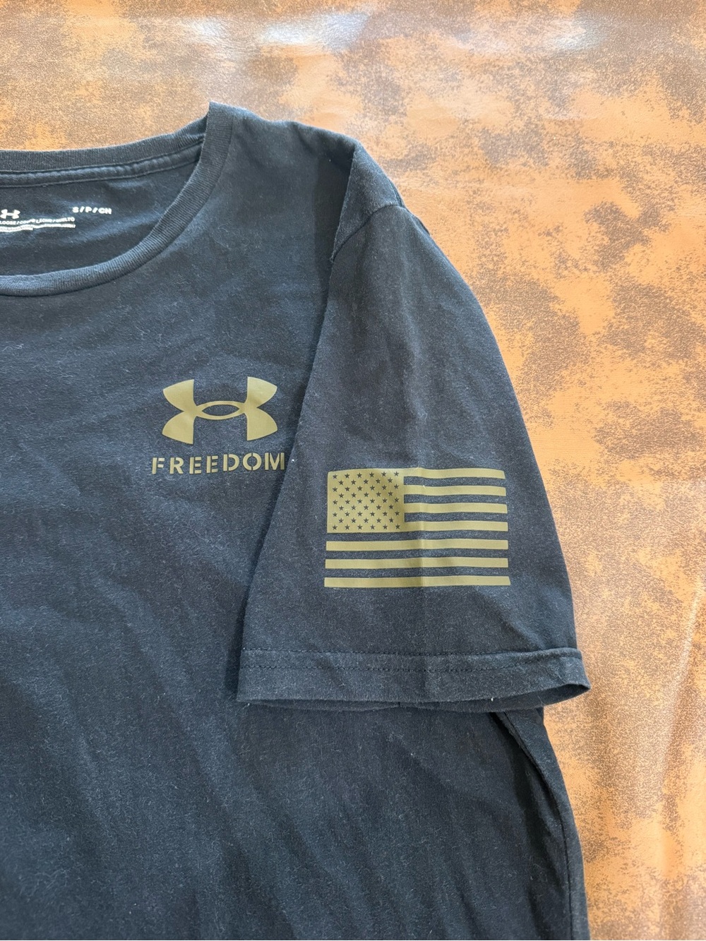 Under Armour Black Short Sleeve Tee with Gold Freedom Logo and Flag
